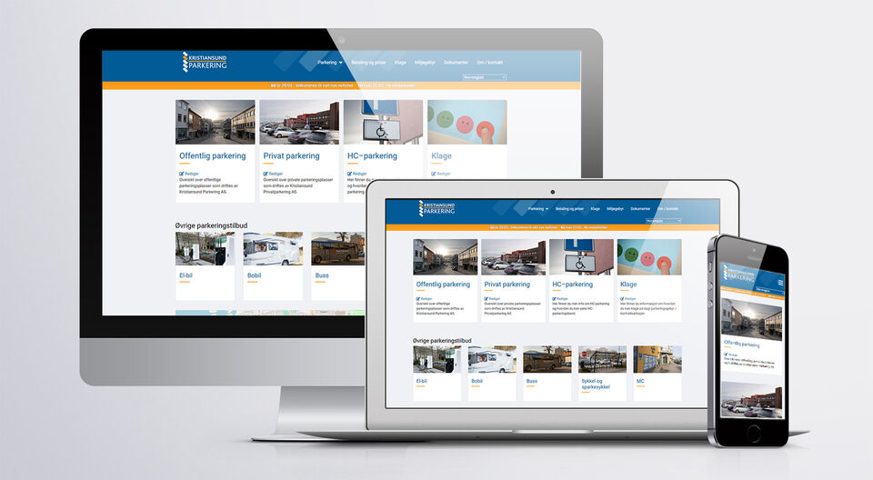 Nettstedet til Kristiansund Parkering, på desktop, tablet og på mobil. Grafisk illustrasjon.